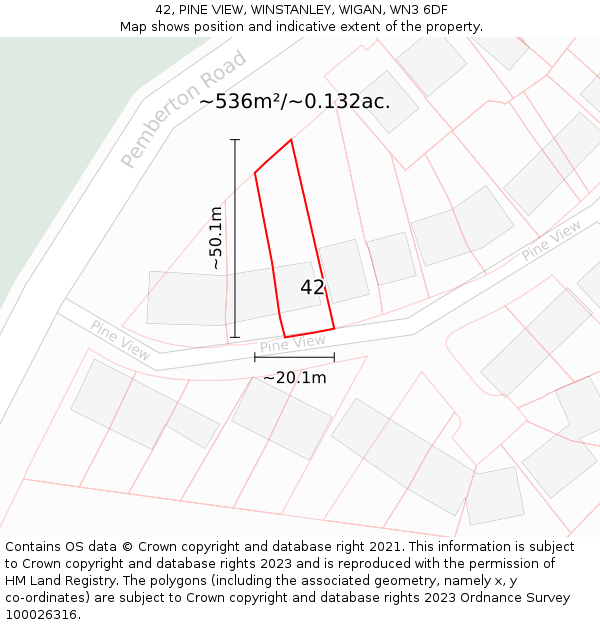 42, PINE VIEW, WINSTANLEY, WIGAN, WN3 6DF: Plot and title map