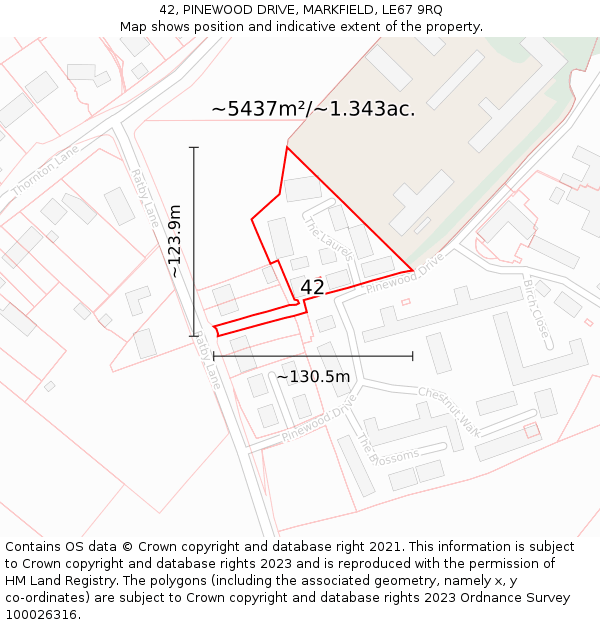 42, PINEWOOD DRIVE, MARKFIELD, LE67 9RQ: Plot and title map
