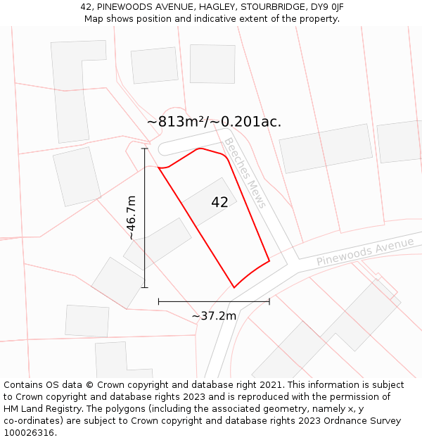 42, PINEWOODS AVENUE, HAGLEY, STOURBRIDGE, DY9 0JF: Plot and title map