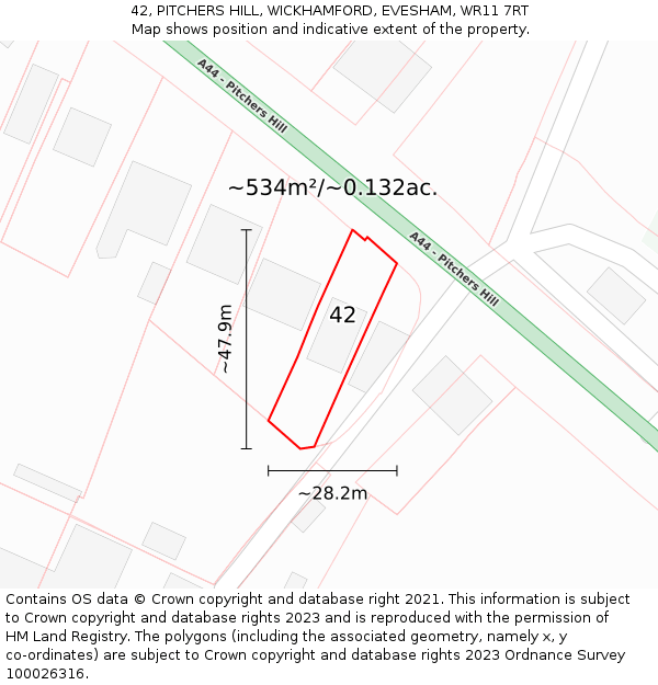 42, PITCHERS HILL, WICKHAMFORD, EVESHAM, WR11 7RT: Plot and title map