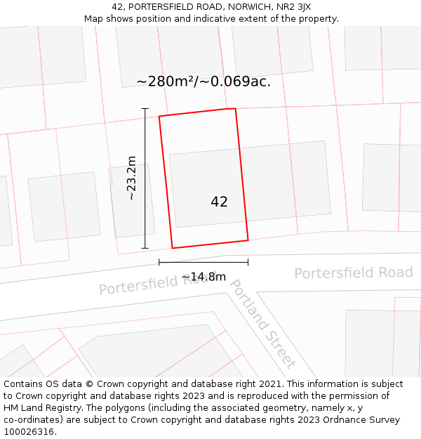 42, PORTERSFIELD ROAD, NORWICH, NR2 3JX: Plot and title map