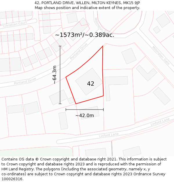 42, PORTLAND DRIVE, WILLEN, MILTON KEYNES, MK15 9JP: Plot and title map