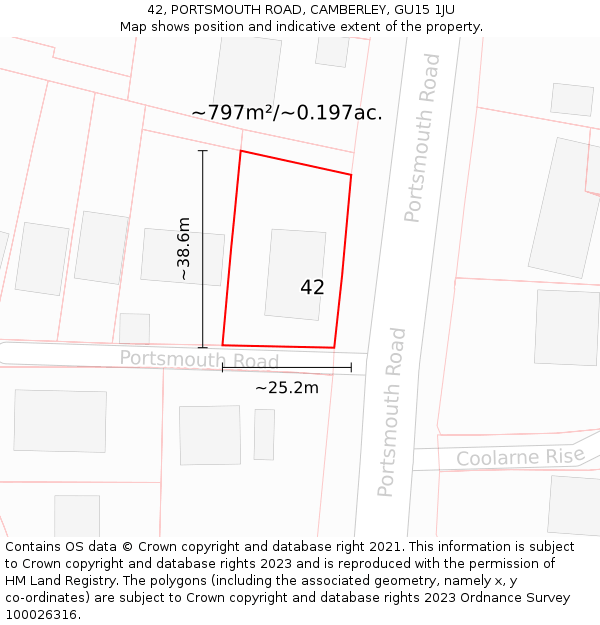42, PORTSMOUTH ROAD, CAMBERLEY, GU15 1JU: Plot and title map