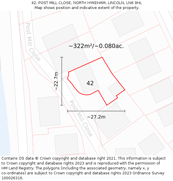 42, POST MILL CLOSE, NORTH HYKEHAM, LINCOLN, LN6 9HL: Plot and title map