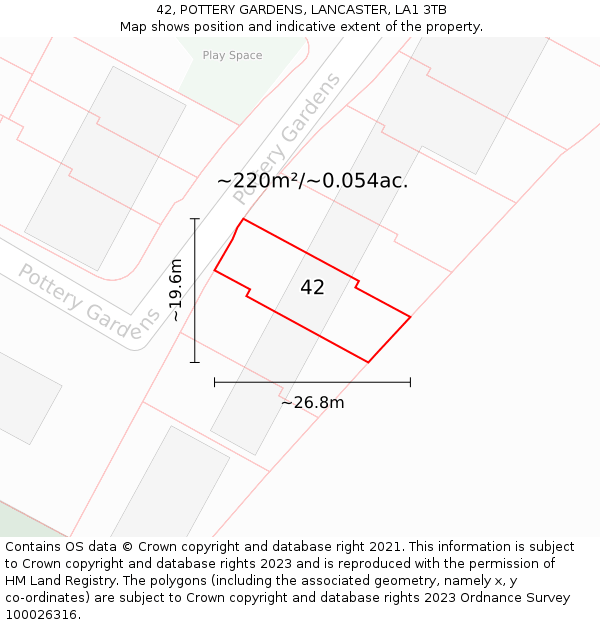 42, POTTERY GARDENS, LANCASTER, LA1 3TB: Plot and title map