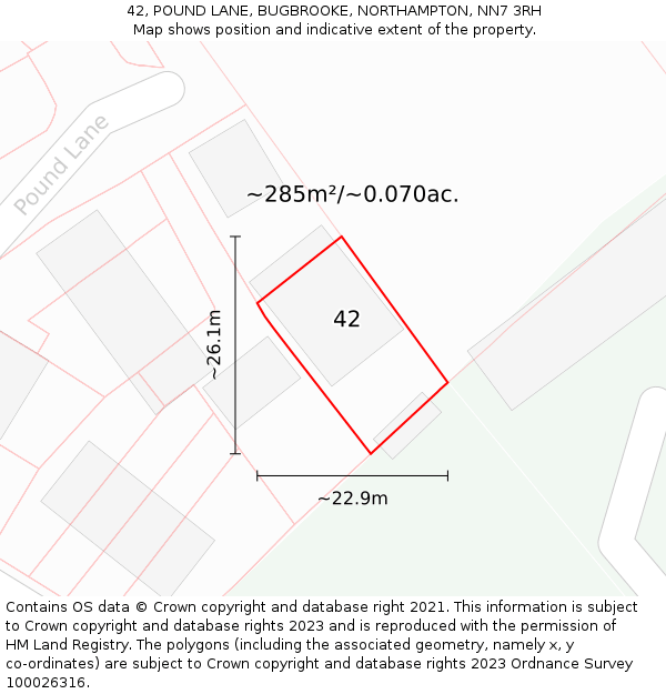 42, POUND LANE, BUGBROOKE, NORTHAMPTON, NN7 3RH: Plot and title map