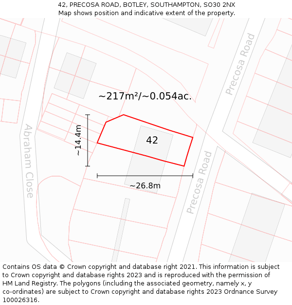 42, PRECOSA ROAD, BOTLEY, SOUTHAMPTON, SO30 2NX: Plot and title map