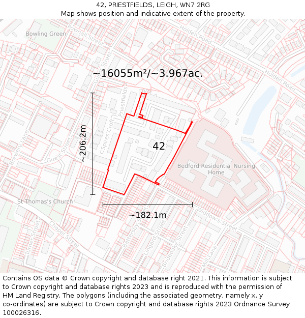 42, PRIESTFIELDS, LEIGH, WN7 2RG: Plot and title map