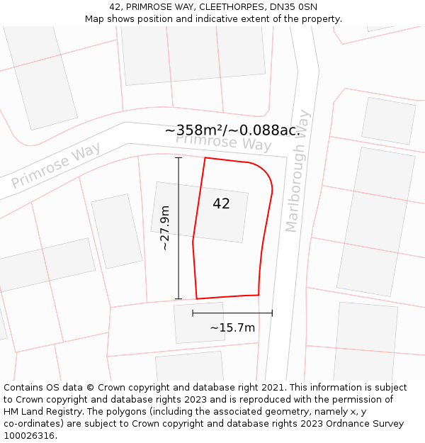 42, PRIMROSE WAY, CLEETHORPES, DN35 0SN: Plot and title map