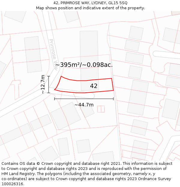 42, PRIMROSE WAY, LYDNEY, GL15 5SQ: Plot and title map