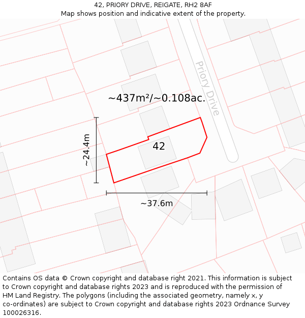 42, PRIORY DRIVE, REIGATE, RH2 8AF: Plot and title map