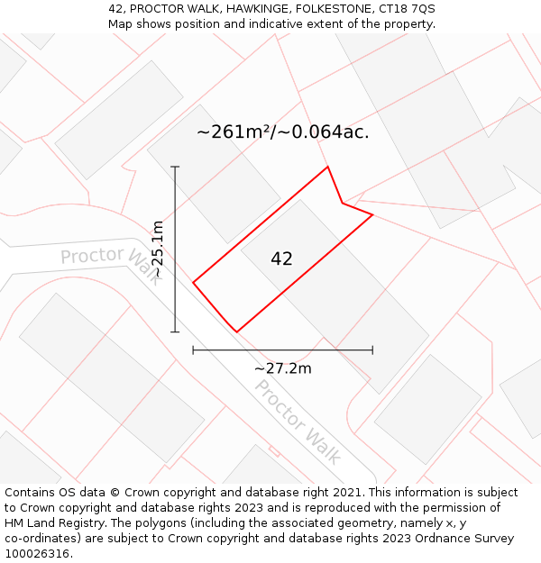 42, PROCTOR WALK, HAWKINGE, FOLKESTONE, CT18 7QS: Plot and title map