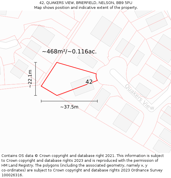 42, QUAKERS VIEW, BRIERFIELD, NELSON, BB9 5PU: Plot and title map