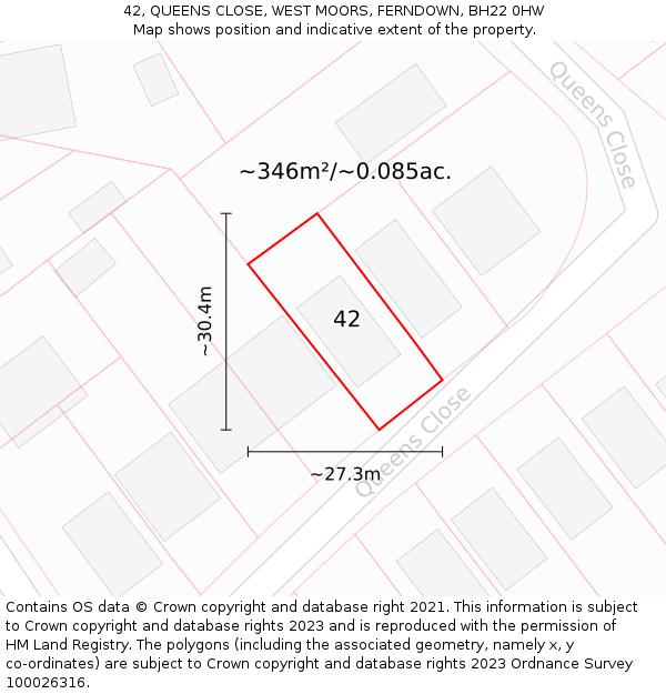 42, QUEENS CLOSE, WEST MOORS, FERNDOWN, BH22 0HW: Plot and title map