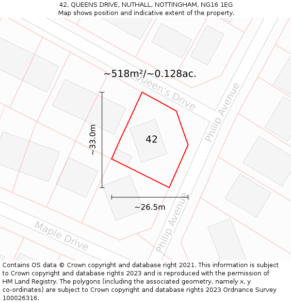 42, QUEENS DRIVE, NUTHALL, NOTTINGHAM, NG16 1EG: Plot and title map