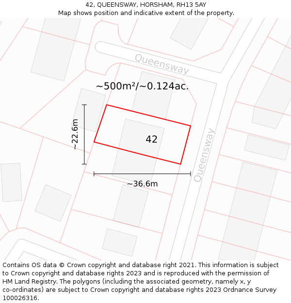 42, QUEENSWAY, HORSHAM, RH13 5AY: Plot and title map