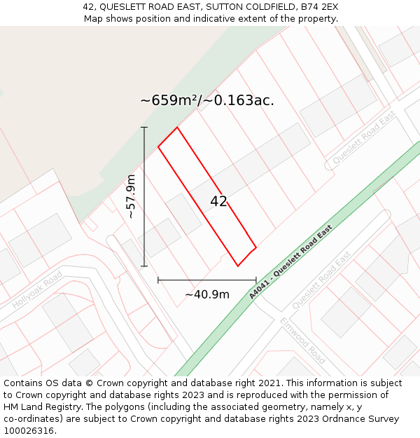 42, QUESLETT ROAD EAST, SUTTON COLDFIELD, B74 2EX: Plot and title map