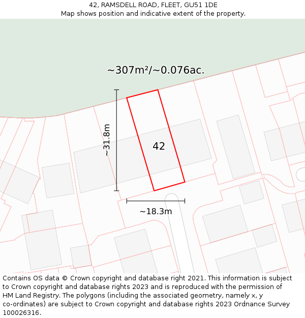 42, RAMSDELL ROAD, FLEET, GU51 1DE: Plot and title map