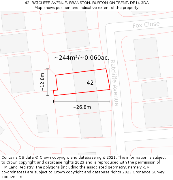 42, RATCLIFFE AVENUE, BRANSTON, BURTON-ON-TRENT, DE14 3DA: Plot and title map