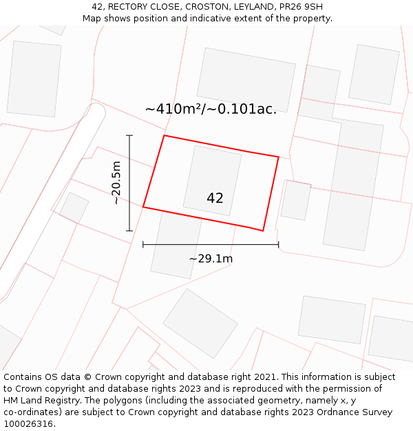 42, RECTORY CLOSE, CROSTON, LEYLAND, PR26 9SH: Plot and title map