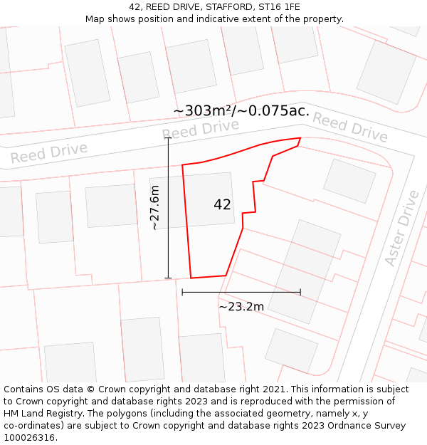 42, REED DRIVE, STAFFORD, ST16 1FE: Plot and title map