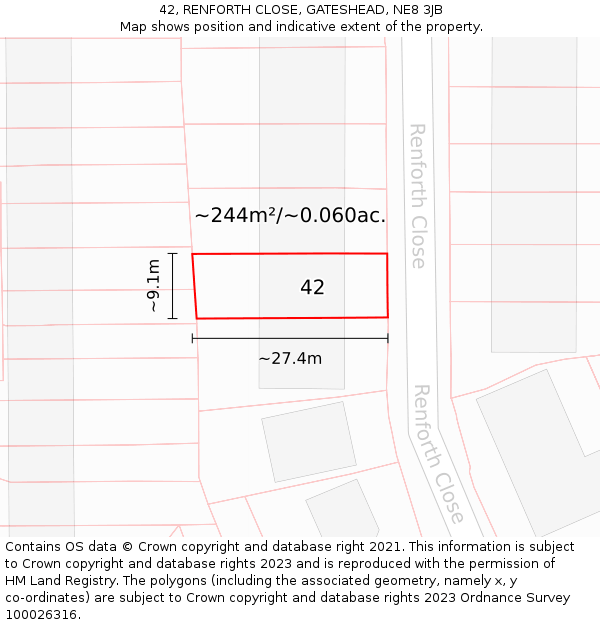 42, RENFORTH CLOSE, GATESHEAD, NE8 3JB: Plot and title map