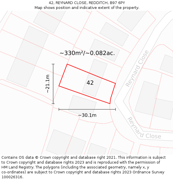 42, REYNARD CLOSE, REDDITCH, B97 6PY: Plot and title map