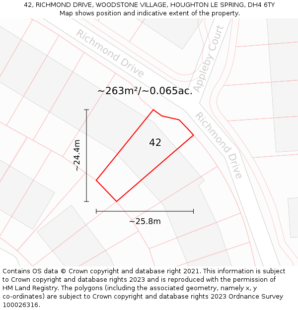 42, RICHMOND DRIVE, WOODSTONE VILLAGE, HOUGHTON LE SPRING, DH4 6TY: Plot and title map
