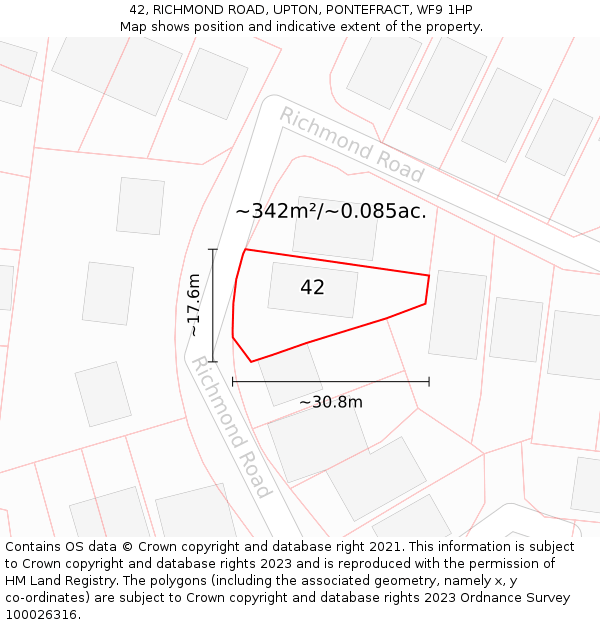 42, RICHMOND ROAD, UPTON, PONTEFRACT, WF9 1HP: Plot and title map