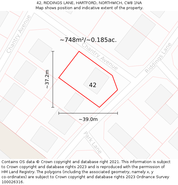 42, RIDDINGS LANE, HARTFORD, NORTHWICH, CW8 1NA: Plot and title map