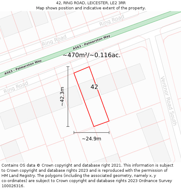 42, RING ROAD, LEICESTER, LE2 3RR: Plot and title map