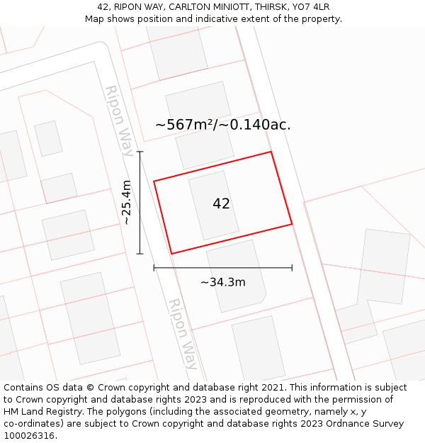 42, RIPON WAY, CARLTON MINIOTT, THIRSK, YO7 4LR: Plot and title map