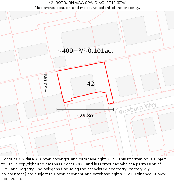 42, ROEBURN WAY, SPALDING, PE11 3ZW: Plot and title map