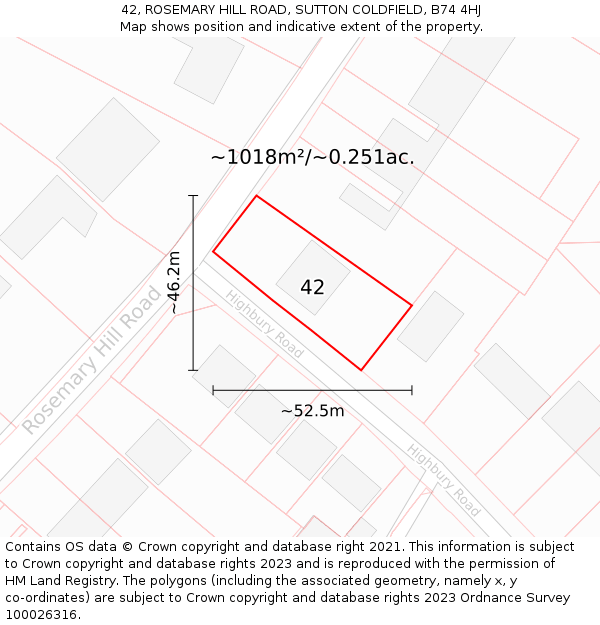 42, ROSEMARY HILL ROAD, SUTTON COLDFIELD, B74 4HJ: Plot and title map