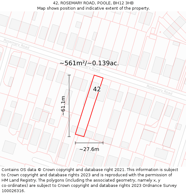 42, ROSEMARY ROAD, POOLE, BH12 3HB: Plot and title map