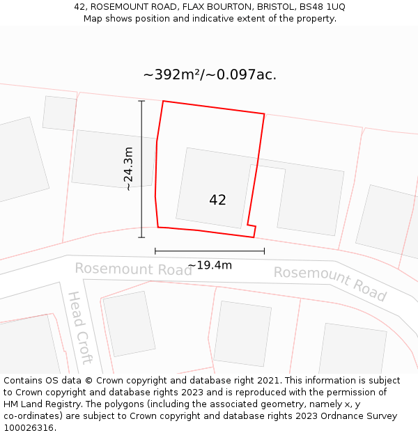 42, ROSEMOUNT ROAD, FLAX BOURTON, BRISTOL, BS48 1UQ: Plot and title map