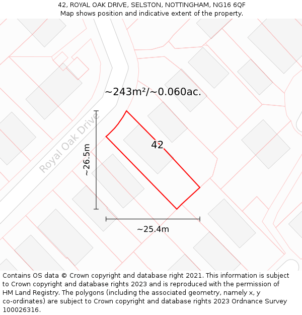 42, ROYAL OAK DRIVE, SELSTON, NOTTINGHAM, NG16 6QF: Plot and title map