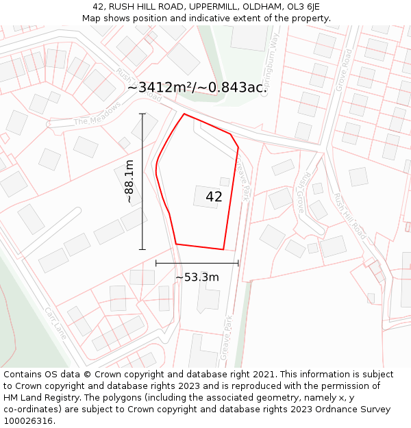 42, RUSH HILL ROAD, UPPERMILL, OLDHAM, OL3 6JE: Plot and title map