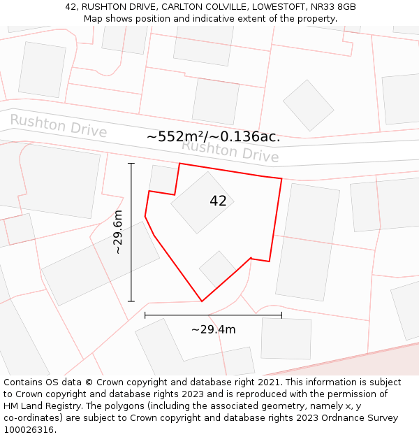 42, RUSHTON DRIVE, CARLTON COLVILLE, LOWESTOFT, NR33 8GB: Plot and title map