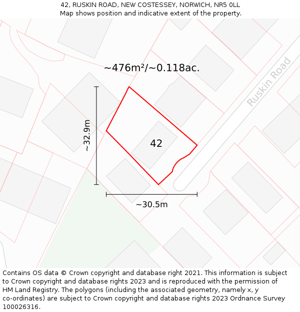 42, RUSKIN ROAD, NEW COSTESSEY, NORWICH, NR5 0LL: Plot and title map