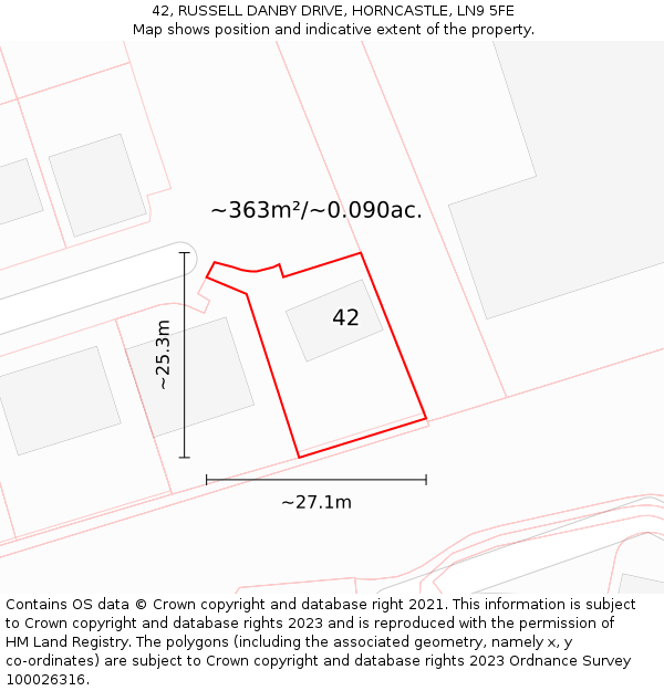 42, RUSSELL DANBY DRIVE, HORNCASTLE, LN9 5FE: Plot and title map