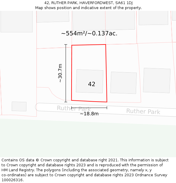 42, RUTHER PARK, HAVERFORDWEST, SA61 1DJ: Plot and title map