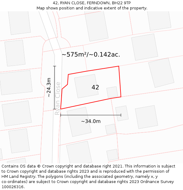 42, RYAN CLOSE, FERNDOWN, BH22 9TP: Plot and title map