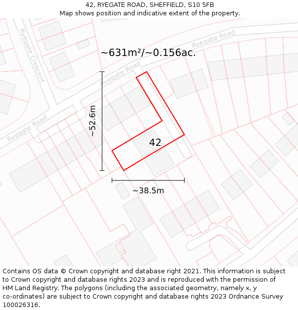 42, RYEGATE ROAD, SHEFFIELD, S10 5FB: Plot and title map