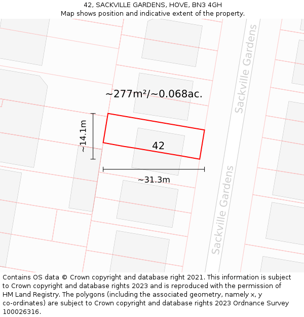 42, SACKVILLE GARDENS, HOVE, BN3 4GH: Plot and title map
