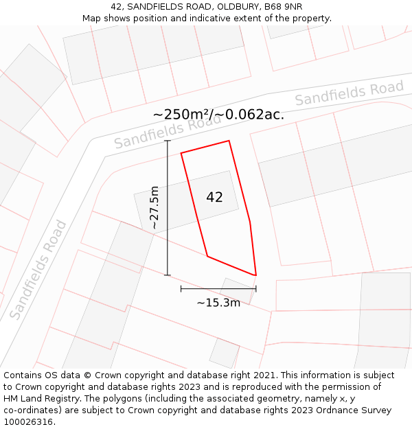 42, SANDFIELDS ROAD, OLDBURY, B68 9NR: Plot and title map