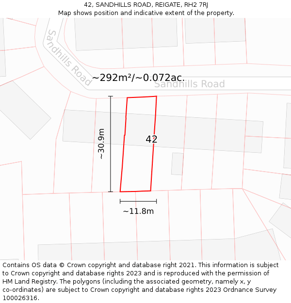 42, SANDHILLS ROAD, REIGATE, RH2 7RJ: Plot and title map