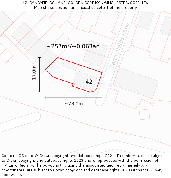 42, SANDYFIELDS LANE, COLDEN COMMON, WINCHESTER, SO21 1FW: Plot and title map