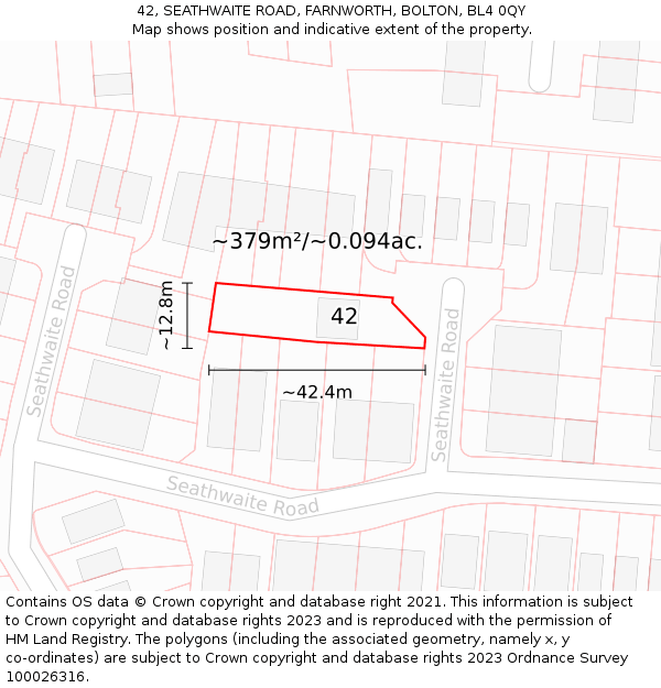 42, SEATHWAITE ROAD, FARNWORTH, BOLTON, BL4 0QY: Plot and title map