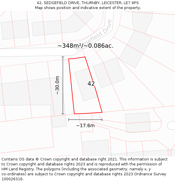 42, SEDGEFIELD DRIVE, THURNBY, LEICESTER, LE7 9PS: Plot and title map
